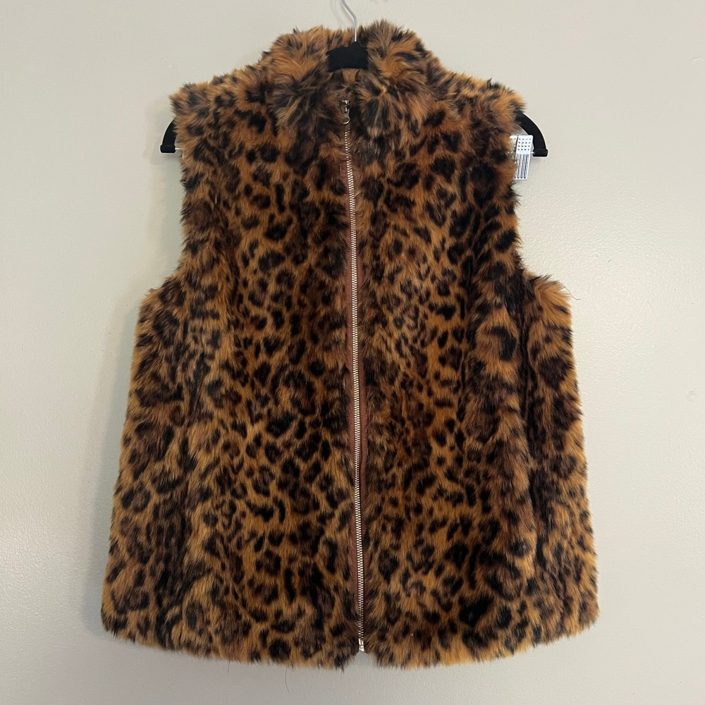 J.Crew Womens Leopard Print Faux‎ Fur Zip Up Vest Brown XS Mob wife glam animal